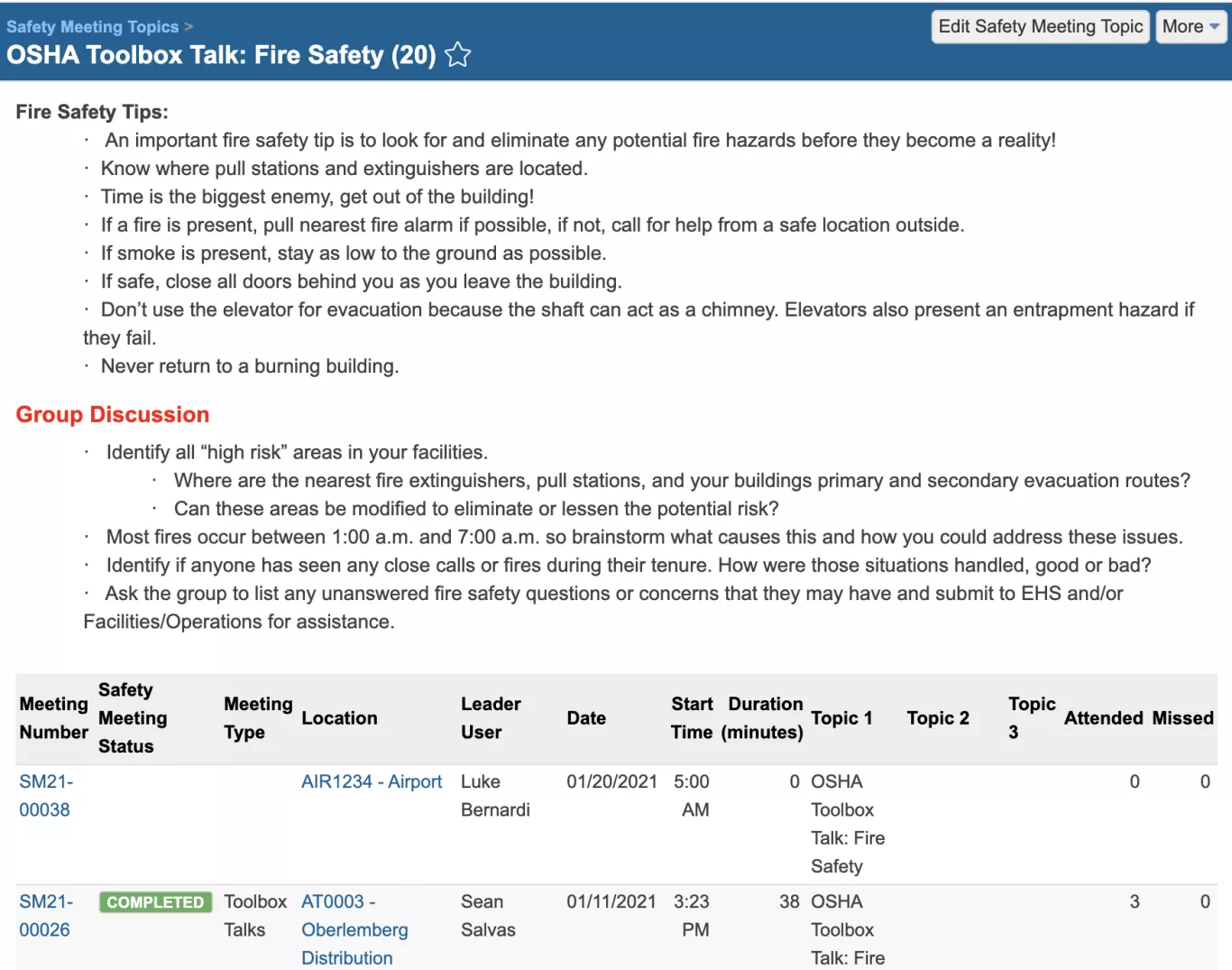 Example pre-populated fire scheduled meetings and safety topics based on OSHA guidelines.