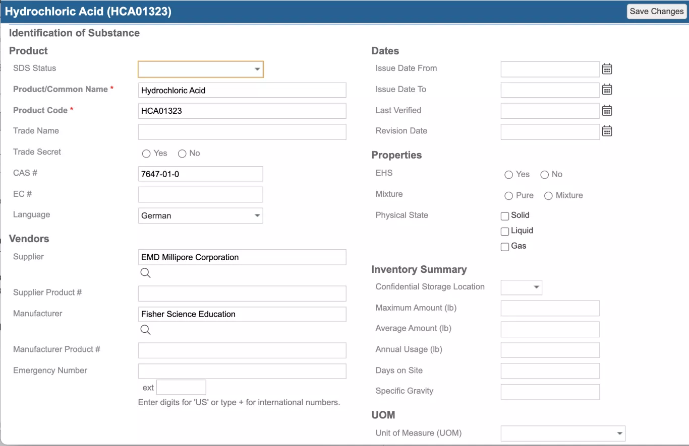 Example SDS form to capture key chemical information.