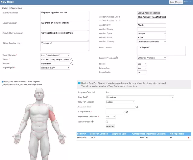 Claims Admin - New Incident Claim Intake screen